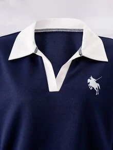 SHEIN 青少年女孩V領字母印花連帽衫與工裝褲休閒兩件套 - 藍色 - 查看 5