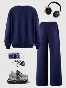 SHEIN 青少年女孩V領字母印花連帽衫與工裝褲休閒兩件套 - 藍色 - 查看 2