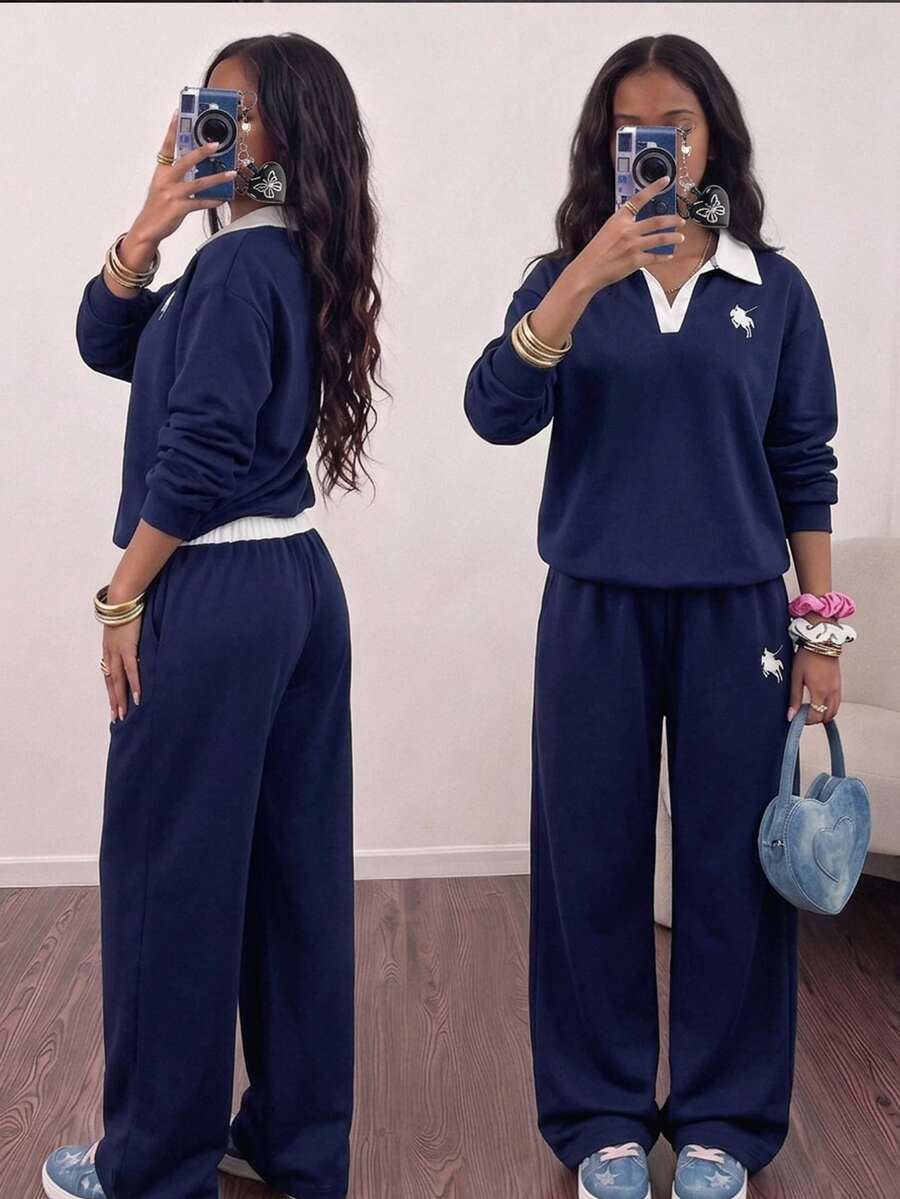 SHEIN 青少年女孩V領字母印花連帽衫與工裝褲休閒兩件套 - 藍色 - 查看 1