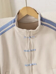 SHEIN Reset Phase Tween Girl Jacket Frog Button Mandarin Collar Side Stripe Zip Up Track Coat Sporty Casual Long Sleeve Bomber Outwear Clothes For Spring Autumn Fall - Apricot - View 7
