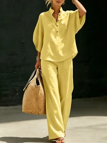 SHEIN Holidaya Yellow Two Piece Outfit, Short Top & Wide Leg Trousers, Elegant Pastoral Summer Suit For Vacation Beach - Light Yellow - View 3