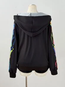 Sunspun 大尺碼龐克螢光彩色骷髏骨架數位印花連帽拉鍊運動衫萬聖節 - 黑色 - 查看 2