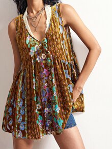 Bohemela 夏季/秋季女款休閒波西米亞度假風橄欖綠碎花無袖寬鬆迷你洋裝，開學穿搭，日常穿著，演唱會派對服飾 - 彩色 - 查看 2