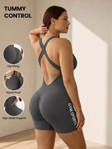 SHEIN Rhythm Era Women's Plus Size Ribbed Tight Sports Romper Shorts, Casual Summer Gym Wear, Going Out Outfits - Grey - View 1