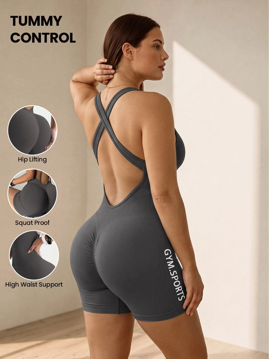 SHEIN Rhythm Era Women's Plus Size Ribbed Tight Sports Romper Shorts, Casual Summer Gym Wear, Going Out Outfits - Grey - View 1