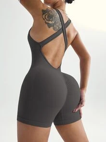 SHEIN Rhythm Era Women's Plus Size Ribbed Tight Sports Romper Shorts, Casual Summer Gym Wear, Going Out Outfits - Grey - View 4