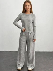 SHEIN 女童休閒舒適修身長袖T恤與舒適鬆緊腰寬腿寬鬆長褲2件套 - 灰色 - 查看 9
