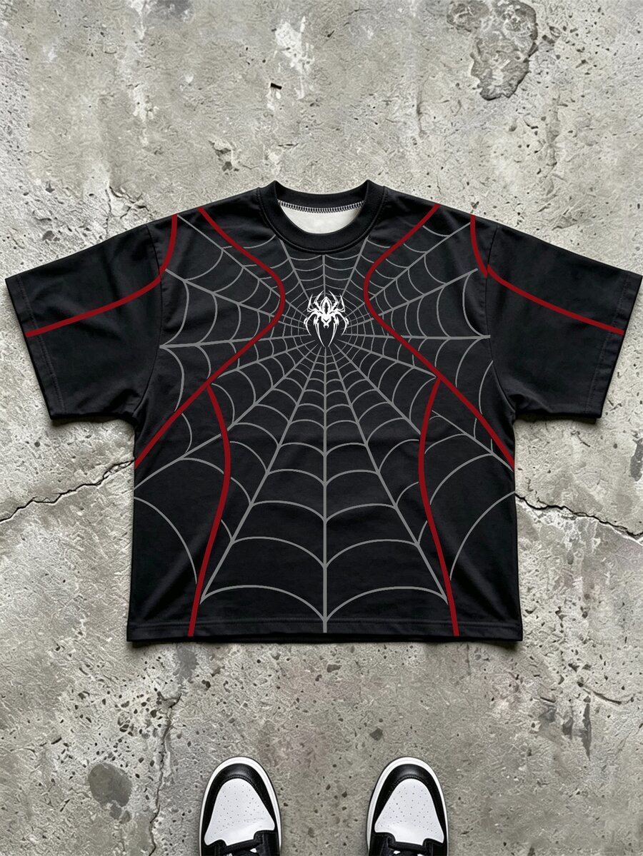 Sport MetroGents Men's Spider Web Pattern Printed Crew Neck Short Sleeve Sports T-Shirt, Gym - Multicolor - View 1