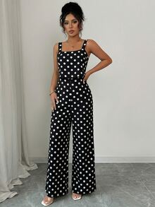 Rafferiza 優雅女款緞面黑白波點寬腿連身褲，復古方領連身短褲，適合夏季度假海灘早午餐穿搭 - 黑色 - 查看 8