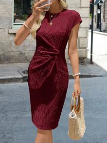 Brillora Casual Women's Twisted Print Fitted Dress - Burgundy - View 4