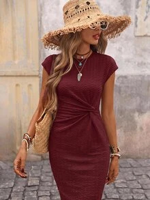 Brillora Casual Women's Twisted Print Fitted Dress - Burgundy - View 10
