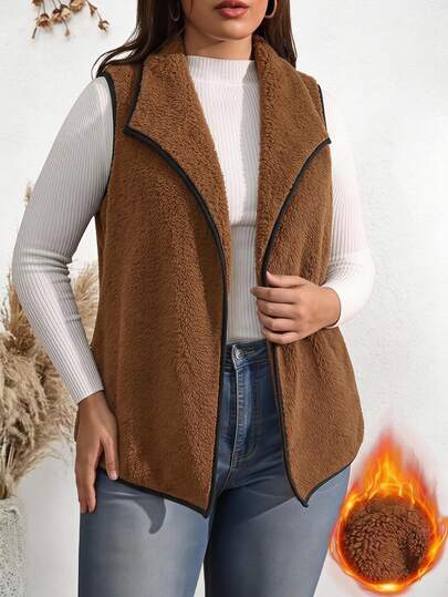 EMERY ROSE Chaleco casual sin mangas con solapa y ribete en contraste para mujer talla grande, color caqui, ideal para capas de abrigo en otoño e invierno