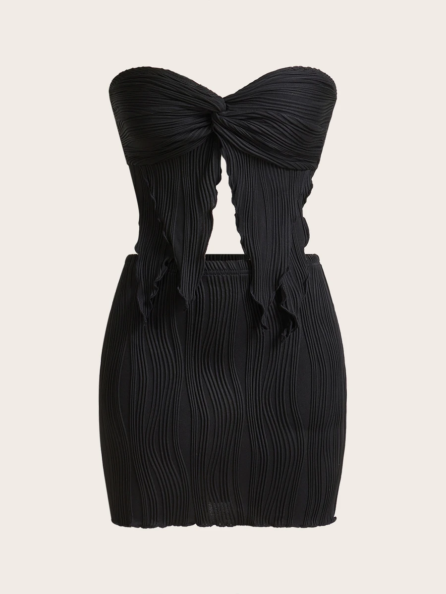 SHEIN ICON Two Pieces Twist Front Tube Top & Bodycon Skirt - Black - View 1