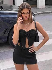 SHEIN ICON Two Pieces Twist Front Tube Top & Bodycon Skirt - Black - View 2