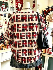 Lalippa 女款大尺碼米色聖誕節 Merry Christmas 字母圖案 T-shirt，寬鬆不對稱領口設計，適合聖誕節、假日派對、休閒穿著、日常穿著，女款上衣 - 彩色 - 查看 2