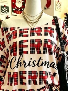Lalippa 女款大尺碼米色聖誕節 Merry Christmas 字母圖案 T-shirt，寬鬆不對稱領口設計，適合聖誕節、假日派對、休閒穿著、日常穿著，女款上衣 - 彩色 - 查看 3