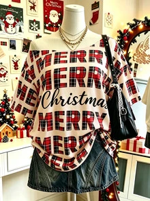 Lalippa 女款大尺碼米色聖誕節 Merry Christmas 字母圖案 T-shirt，寬鬆不對稱領口設計，適合聖誕節、假日派對、休閒穿著、日常穿著，女款上衣 - 彩色 - 查看 1