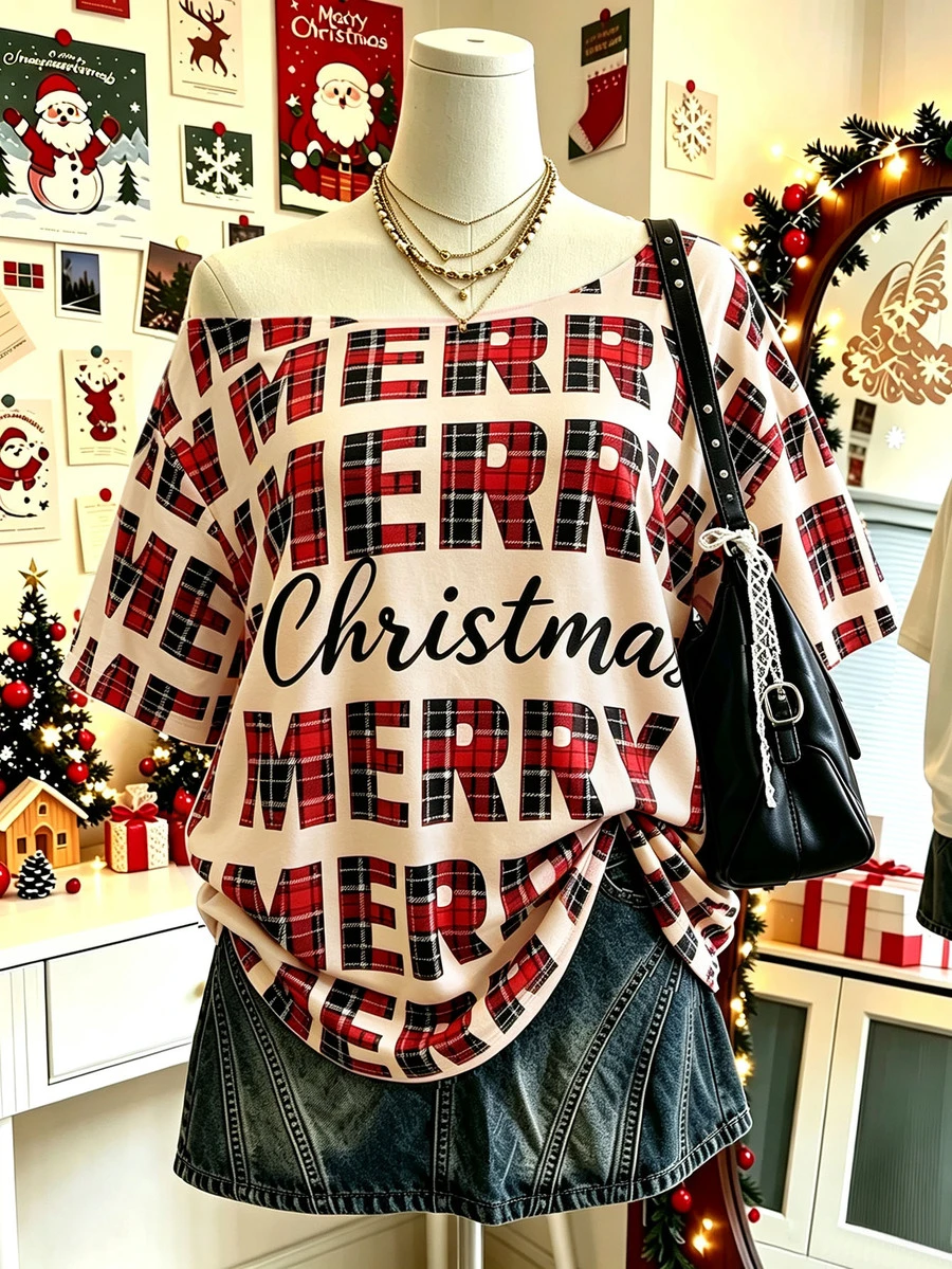 Lalippa 女款大尺碼米色聖誕節 Merry Christmas 字母圖案 T-shirt,寬鬆不對稱領口設計,適合聖誕節、假日派對、休閒穿著、日常穿著,女款上衣 - 彩色 - 查看 1