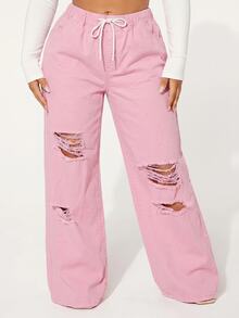 Slaydiva Plus Size Women Drawstring Waist Pocket Distressed Design Casual Versatile Daily Wear Denim Jeans - Pink - View 3