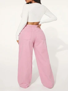 Slaydiva Plus Size Women Drawstring Waist Pocket Distressed Design Casual Versatile Daily Wear Denim Jeans - Pink - View 2