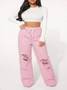 Slaydiva Plus Size Women Drawstring Waist Pocket Distressed Design Casual Versatile Daily Wear Denim Jeans - Pink - View 5