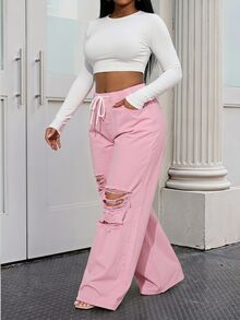 Slaydiva Plus Size Women Drawstring Waist Pocket Distressed Design Casual Versatile Daily Wear Denim Jeans - Pink - View 7