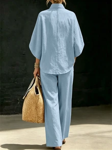 SHEIN Holidaya 淺藍色兩件式度假套裝（上衣與寬腿長褲）－優雅休閒田園風女裝，適合夏季海灘度假 - 藍色 - 查看 2