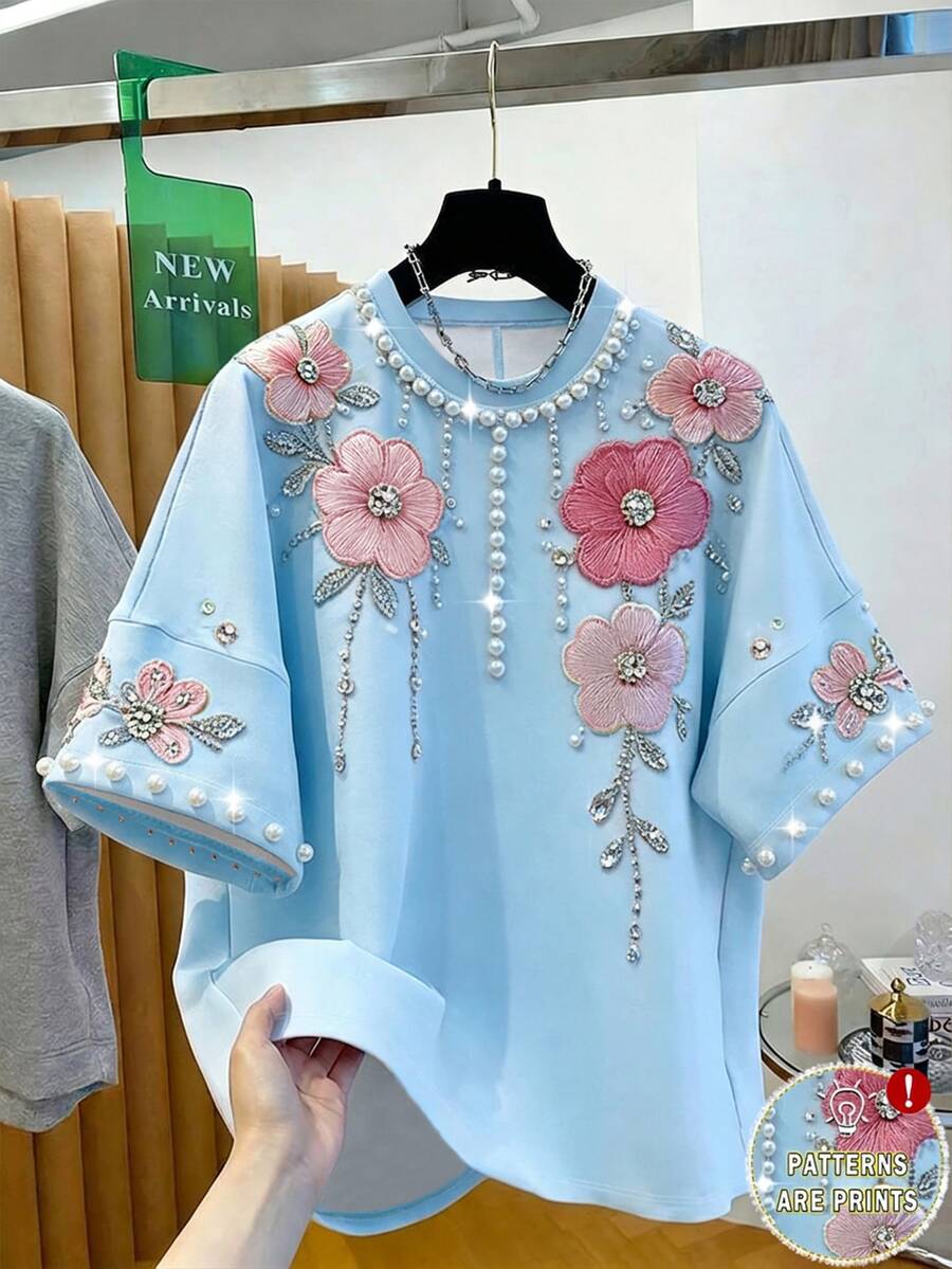 GlowEve Women's Floral & Pearl Decor Round Neck Short Sleeve T-Shirt - Blue - View 1