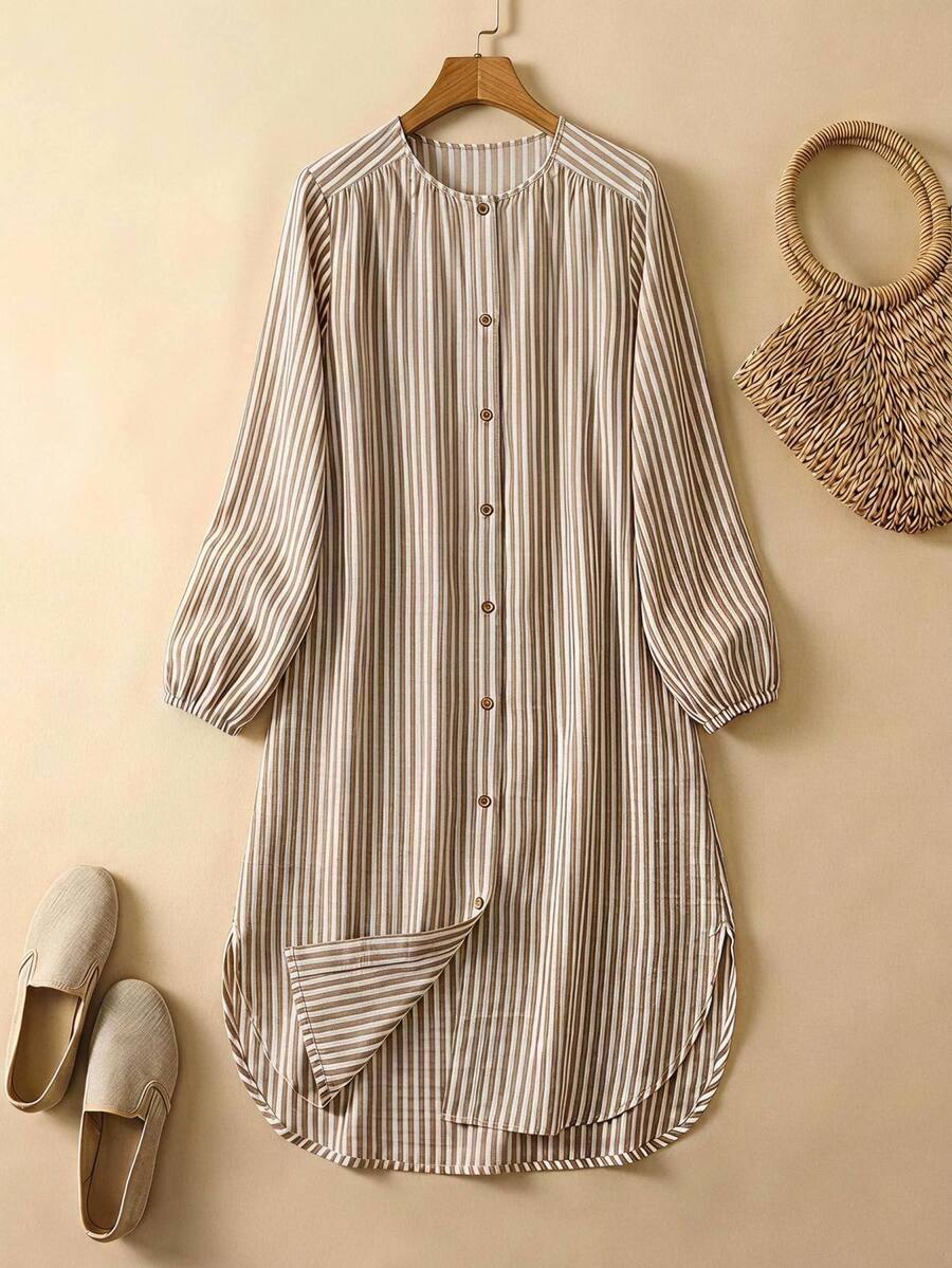 Rusticease Women's Casual Versatile Single-Breasted Long Sleeve Blue And White Striped Dress Brunch Autumn Brunch - Multicolor - View 1