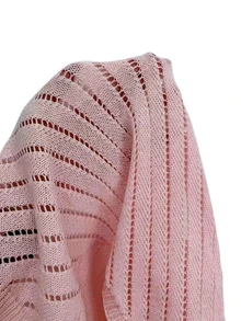 SHEIN Casual Fitted V-Neck Cap Sleeve Hollow Knit Apricot Women's Spring/Summer Knit Top - Pink - View 3