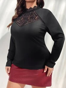 SHEIN Privé Valentine Lace Patchwork Jacquard Stretchy Long Sleeve Casual Tee, Elegant Layering Piece For Valentine's Day - Black - View 2