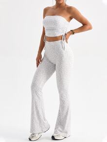 Slayform Slayform 2pcs Women's Sexy Leopard Print Side Drawstring Casual Everyday Versatile Yoga Studio Workout Tube Top & Long Flare Pants Sports Set - Multicolor - View 3