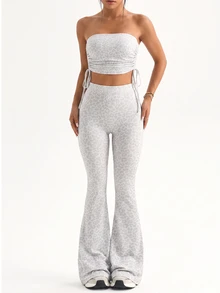 Slayform Slayform 2pcs Women's Sexy Leopard Print Side Drawstring Casual Everyday Versatile Yoga Studio Workout Tube Top & Long Flare Pants Sports Set - Multicolor - View 5