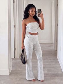 Slayform Slayform 2pcs Women's Sexy Leopard Print Side Drawstring Casual Everyday Versatile Yoga Studio Workout Tube Top & Long Flare Pants Sports Set - Multicolor - View 4