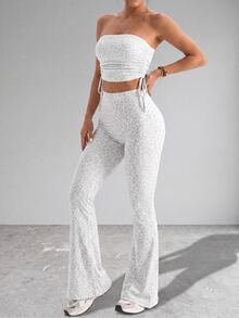 Slayform Slayform 2pcs Women's Sexy Leopard Print Side Drawstring Casual Everyday Versatile Yoga Studio Workout Tube Top & Long Flare Pants Sports Set - Multicolor - View 1