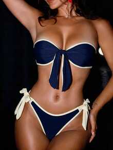 SHEIN Swim 女款夏季海灘新款 Y2K 沿海度假風性感藍色復古泳衣 海軍藍派對 Katseye 藍綠色波希米亞風 2 件式泳衣套裝 - 藍白色 - 查看 7