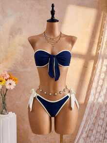 SHEIN Swim 女款夏季海灘新款 Y2K 沿海度假風性感藍色復古泳衣 海軍藍派對 Katseye 藍綠色波希米亞風 2 件式泳衣套裝 - 藍白色 - 查看 9