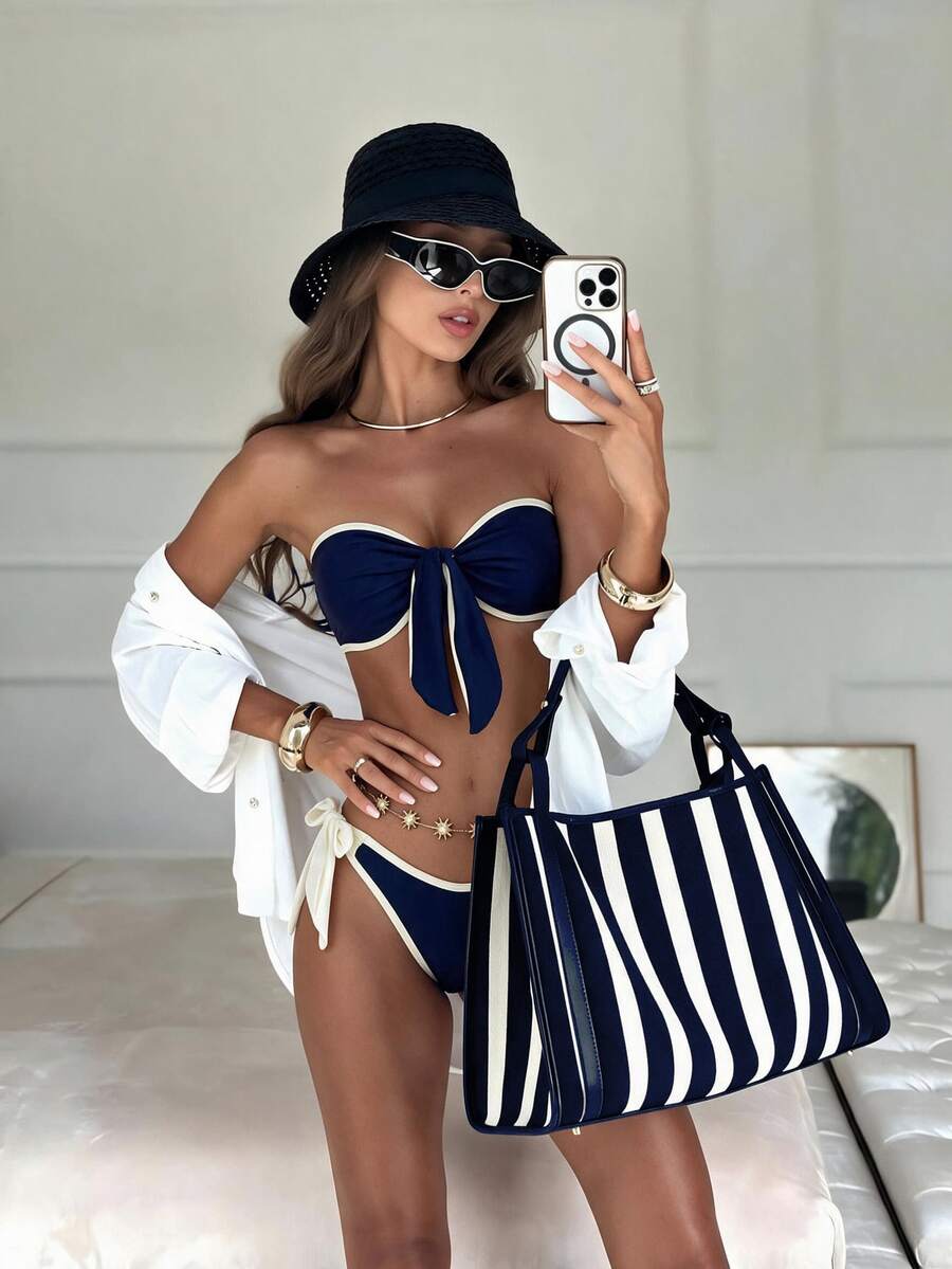 SHEIN Swim 女款夏季海灘新款 Y2K 沿海度假風性感藍色復古泳衣 海軍藍派對 Katseye 藍綠色波希米亞風 2 件式泳衣套裝