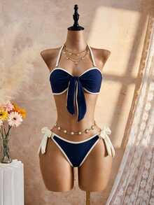 SHEIN Swim 女款夏季海灘新款 Y2K 沿海度假風性感藍色復古泳衣 海軍藍派對 Katseye 藍綠色波希米亞風 2 件式泳衣套裝 - 藍白色 - 查看 8