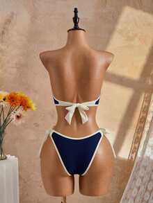 SHEIN Swim 女款夏季海灘新款 Y2K 沿海度假風性感藍色復古泳衣 海軍藍派對 Katseye 藍綠色波希米亞風 2 件式泳衣套裝 - 藍白色 - 查看 10