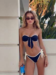SHEIN Swim 女款夏季海灘新款 Y2K 沿海度假風性感藍色復古泳衣 海軍藍派對 Katseye 藍綠色波希米亞風 2 件式泳衣套裝 - 藍白色 - 查看 4