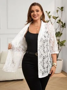 Miaspire Plus Size Women Lace Patchwork Casual Elegant Versatile Commuting Cocktail Formal Blazer White Summer - White - View 7