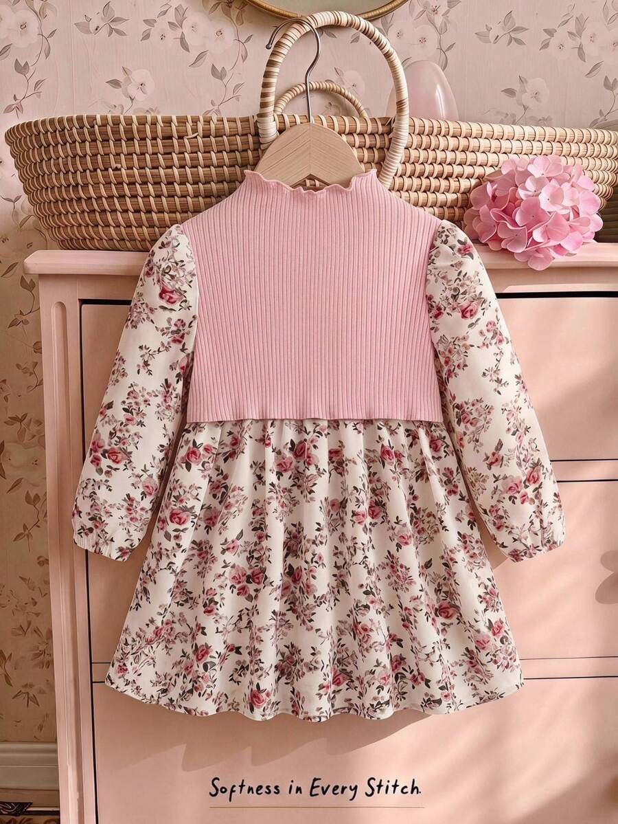Cozy Pixies Baby Girl Floral Pattern Ribbed Soft Contrast Color Round Neck Long Sleeve Waist-Cinching Autumn Dress, Versatile And Comfortable - Pink - View 1