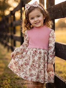 Cozy Pixies Baby Girl Floral Pattern Ribbed Soft Contrast Color Round Neck Long Sleeve Waist-Cinching Autumn Dress, Versatile And Comfortable - Pink - View 7