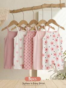 Cozy Pixies 5件套女婴夏季针织爱心、花朵、波点纯色休闲针织连体衣，适合夏季、室内、室外、度假及任何场合。 - 彩色 - 查看 1