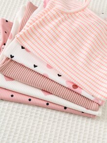 Cozy Pixies 5件套女婴夏季针织爱心、花朵、波点纯色休闲针织连体衣，适合夏季、室内、室外、度假及任何场合。 - 彩色 - 查看 3