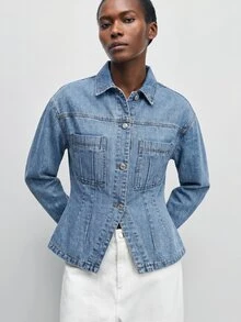 Maija 女款牛仔夾克，優雅休閒收腰長袖上衣，高知風襯衫，秋季外出度假日常日穿淺藍色 - 藍色 - 查看 8