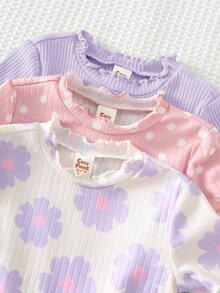 Cozy Pixies 3件套女婴碎花条纹针织柔软圆领短袖连体衣和短裤套装 - 紫丁香色 - 查看 3
