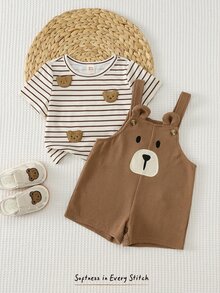 Cozy Pixies 2件套男婴卡通熊图案针织柔软圆领短袖套头衫和背带短裤套装 - 棕色 - 查看 8