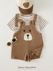 Cozy Pixies 2件套男婴卡通熊图案针织柔软圆领短袖套头衫和背带短裤套装 - 棕色 - 查看 7